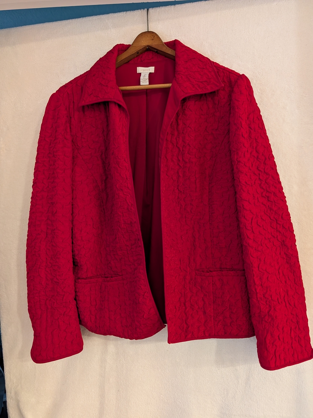 Chico's Bright Red Textured Open-Front Blazer